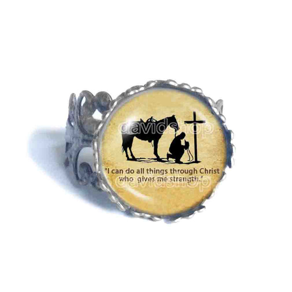 PRAYING COWBOY Ring Cross Horse Christian Art Fashion Jewelry