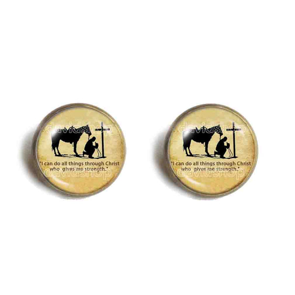 PRAYING COWBOY Earrings Ear Cuff Cross Horse Christian Fashion Jewelry