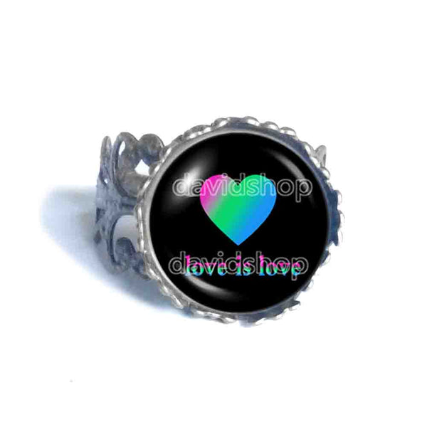 Love Is Love Polisexual Pride Ring Fashion Jewelry Heart Flag Rainbow LGBTQ Cute Gift Colorful Hip Hop Charm