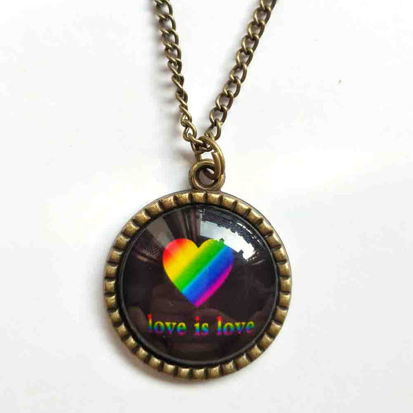 Love Is Love Gay Pride Necklace Photo Pendant Fashion Jewelry Heart Flag Rainbow LGBTQ Symbol Art Cute Gift Colorful Hip Hop Charm