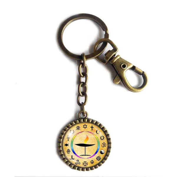 Rainbow Flaming UU Flame Unitarian Universalist Chalice Keychain Key Chain Key Ring Cute Keyring Car LGBT Cosplay Christian Hindu Buddhist Bahai Ankh