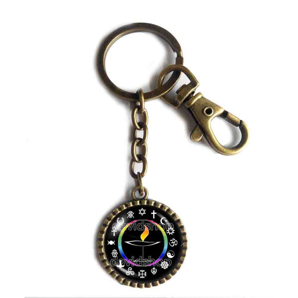 Rainbow Flaming UU Flame Unitarian Universalist Chalice Keychain Key Chain Key Ring Cute Keyring Car Cosplay Christian Hindu