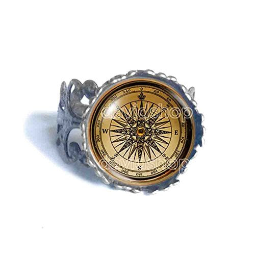 Antique Vintage Nautical Compass Ring Photo Art Glass Fashion Jewelry Cosplay