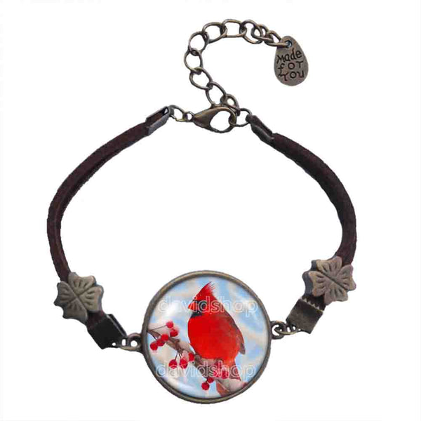 Red Cardinal Bracelet Glass Pendant Fashion Jewelry Winter Snowy Cosplay Cute Gift