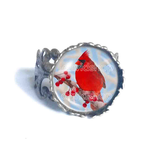 Red Cardinal Ring Charm Glass Fashion Jewelry Winter Snowy Cosplay Cute Gift