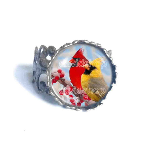 Red Cardinal Ring Charm Glass Fashion Jewelry Winter Snowy Cosplay Cute Gift Love Yellow Bird