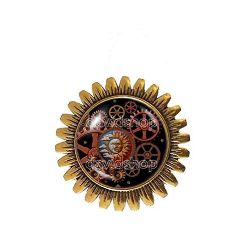 Gear Steampunk Symbol Sun Moon Brooch Badge Pin Face Kissing Charm Yoga Fashion Jewelry Cosplay