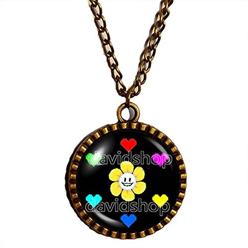 Undertale Necklace Art Glass Flowey Pendant Jewelry Game Yellow flowers Red Heart