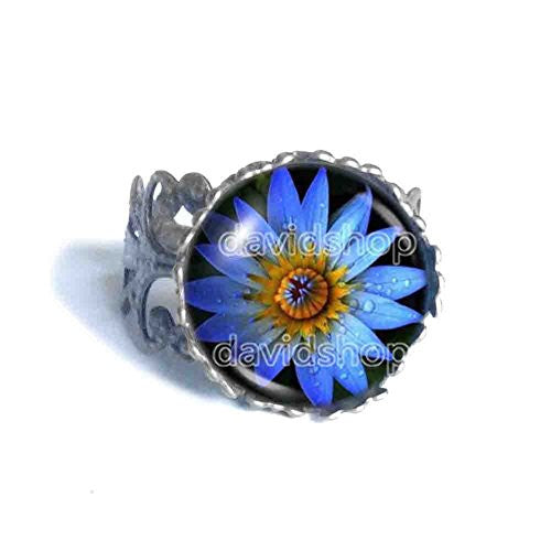 Blue Lotus Flower Ring Symbol Poster Photo Pendant Fashion Jewelry Yoga Charms Woman