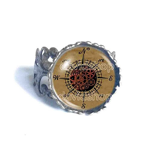 Antique Vintage Nautical Gear Steampunk Compass Ring Photo Art Glass Fashion Jewelry Cosplay