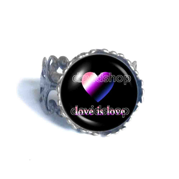 Love Is Love Genderfluid Pride Ring Fashion Jewelry Heart Flag Rainbow LGBTQ Symbol Art Cute Gift Colorful Hip Hop Charm
