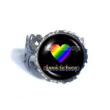 Love Is Love Gay Pride Ring Fashion Jewelry Heart Flag Rainbow LGBTQ Symbol Art Cute Gift Colorful Hip Hop Charm